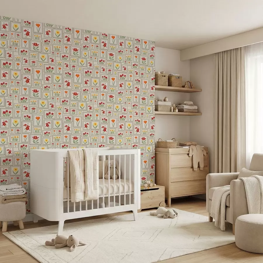 Fototapete Gerahmte Blumenillustrationen in warmen Farbtönen a01173