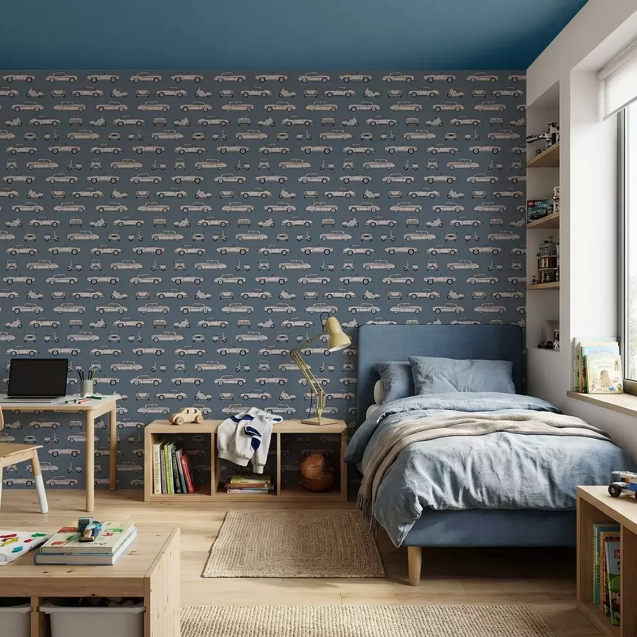 Fototapete Oldtimer und Motorroller vor blauem Hintergrund a01178