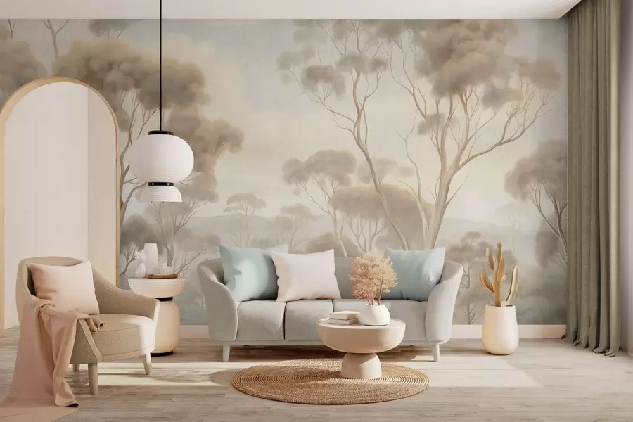 Fototapete Eine neblige Waldlandschaft mit hohen Eukalyptusbäumen, sanften Hügeln unter bewölktem Himmel, strukturierte Grafik w09822