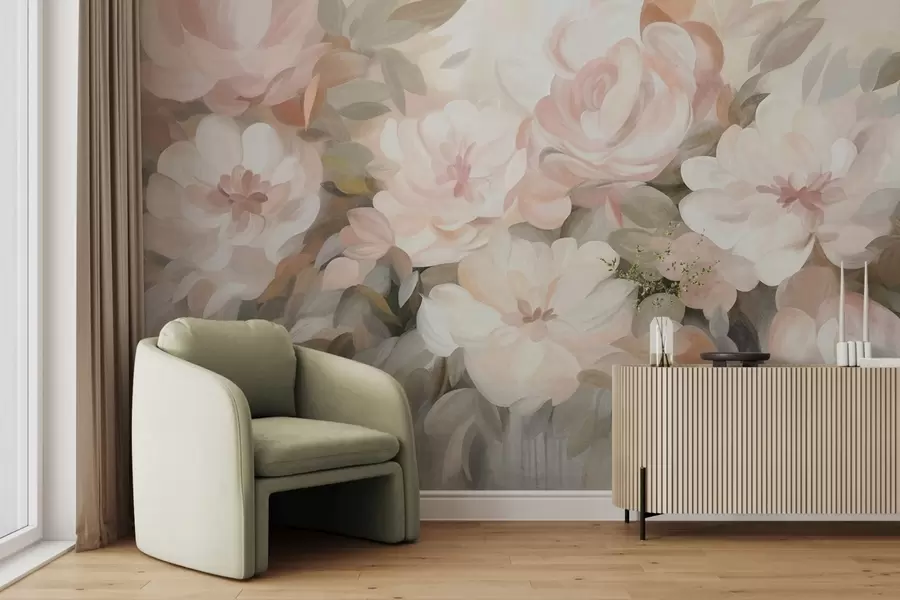 Fototapete Blassrosa und weiße Blumen mit grünen Blättern, gemalte Darstellung, impressionistischer Stil, strukturierte Kunst w09824