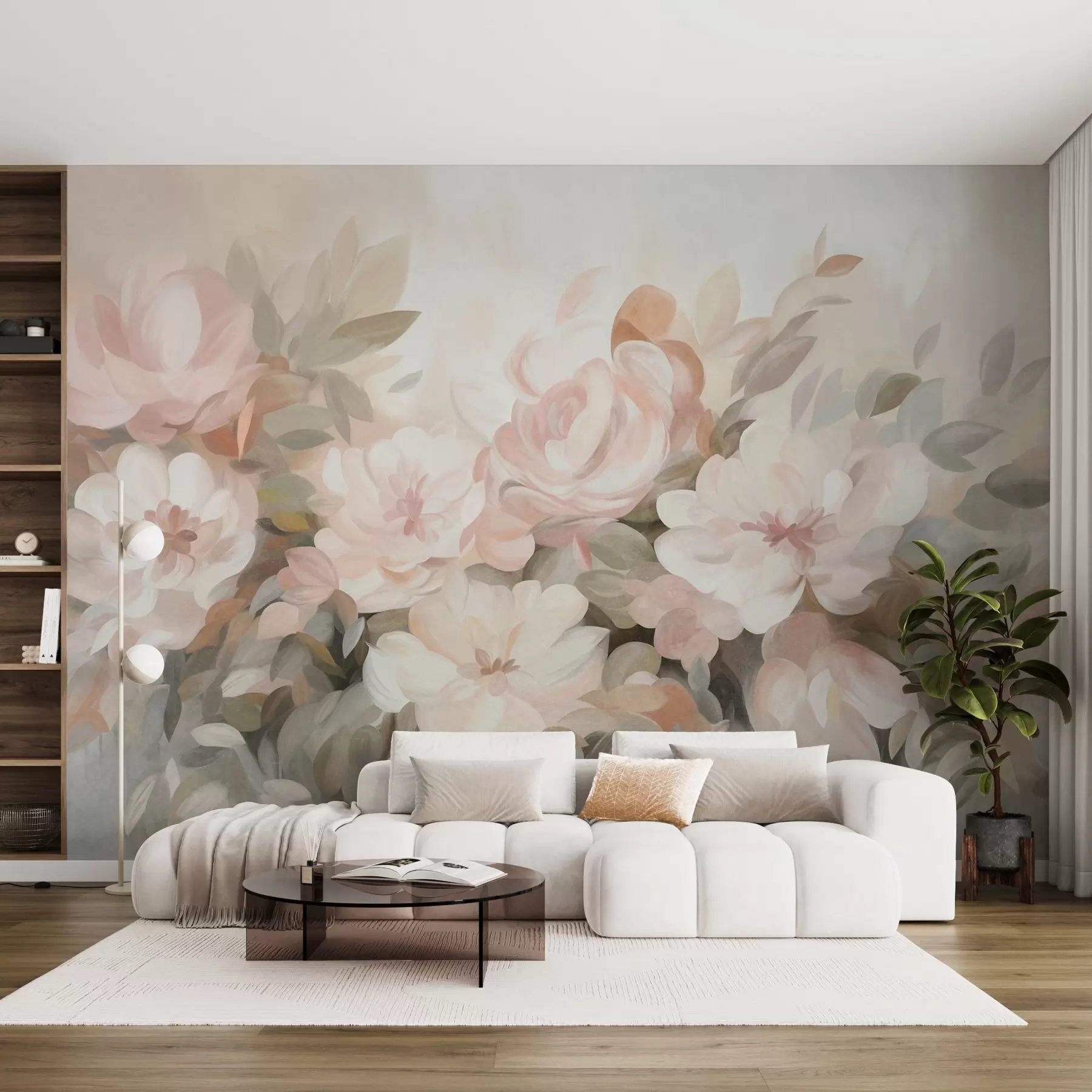 Fototapete Blassrosa und weiße Blumen mit grünen Blättern, gemalte Darstellung, impressionistischer Stil, strukturierte Kunst w09824