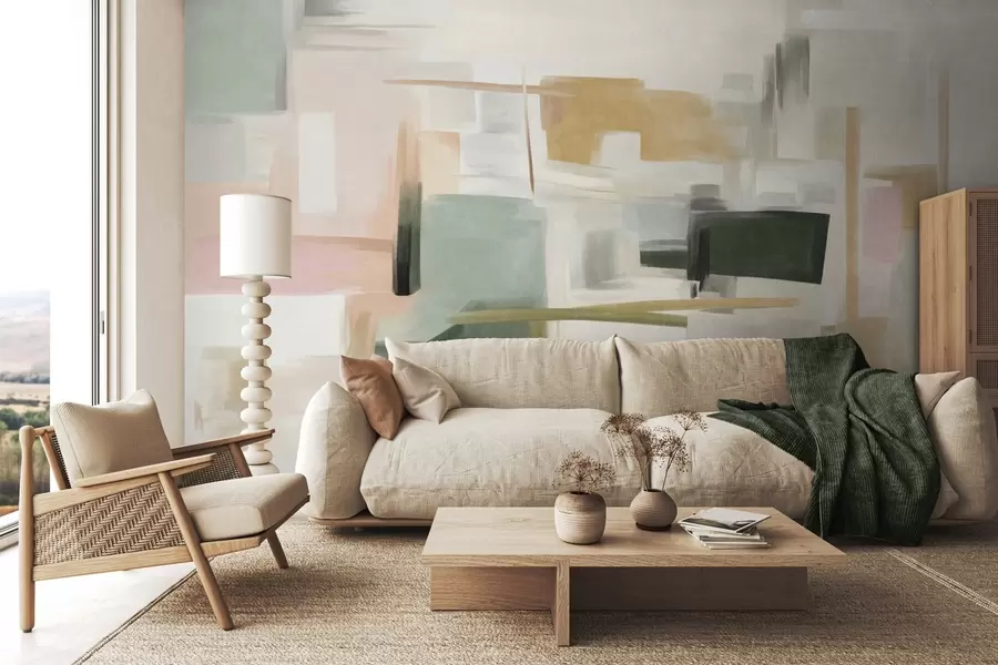 Fototapete Abstrakter, minimalistischer Malstil mit sanften Pastelltönen, geometrischen Formen und Linien w09828