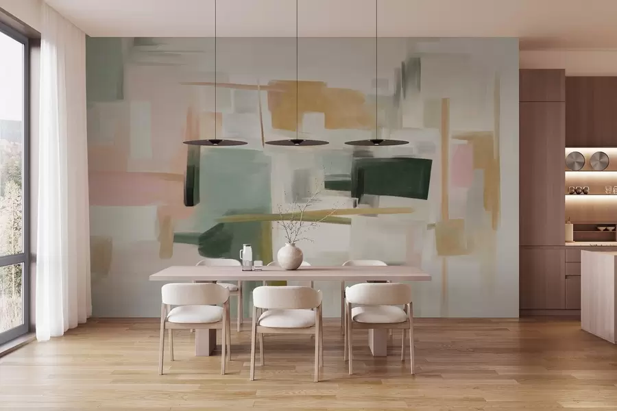 Fototapete Abstrakter, minimalistischer Malstil mit sanften Pastelltönen, geometrischen Formen und Linien w09828