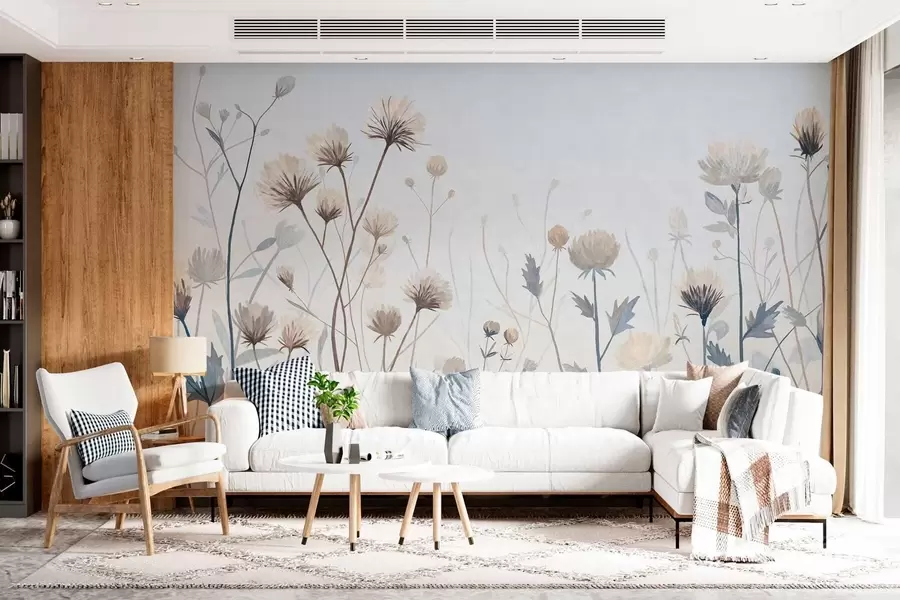 Fototapete Wilde Wiesengräser und Blumen, gemalt im Landschaftsstil vor einem hellen Hintergrund w05563