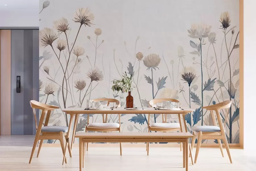 Fototapete Wilde Wiesengräser und Blumen, gemalt im Landschaftsstil vor einem hellen Hintergrund w05563