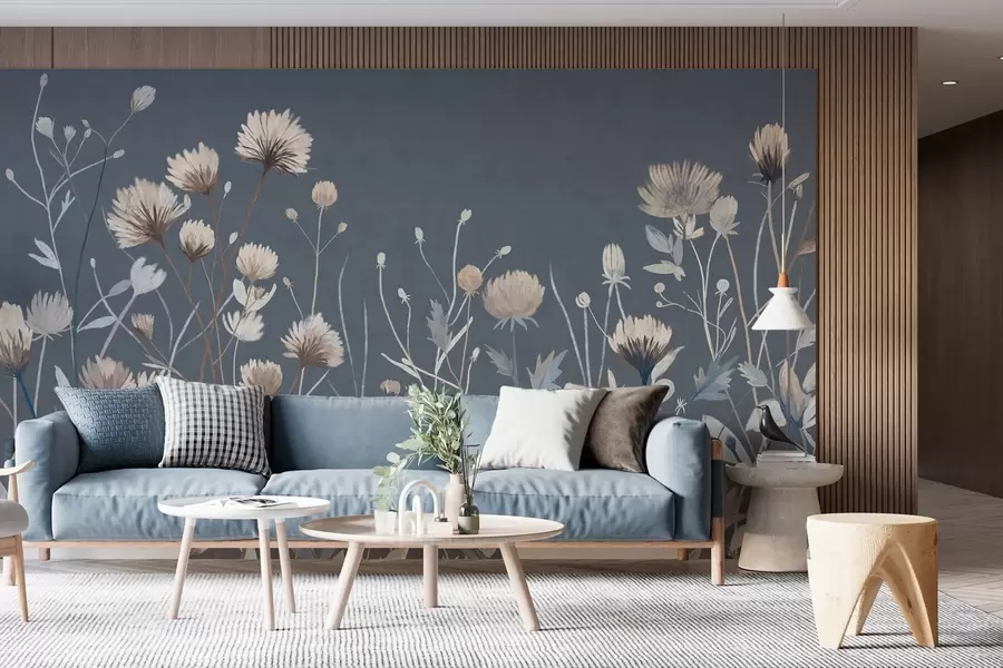 Fototapete Wilde Wildblumen und Gräser, gemalt im malerischen Stil vor einem dunkelblauen Hintergrund w05563v1