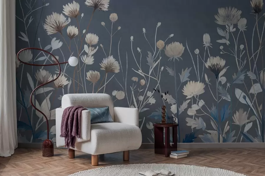 Fototapete Wilde Wildblumen und Gräser, gemalt im malerischen Stil vor einem dunkelblauen Hintergrund w05563v1