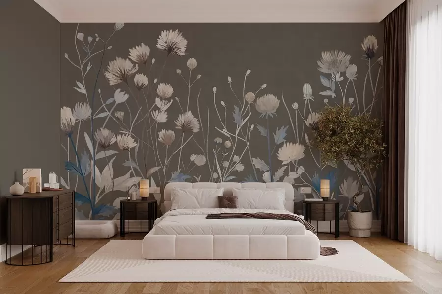 Fototapete Wilde Feldgräser und Blumen, gemalt im malerischen Stil vor einem graubraunen Hintergrund w05563v2