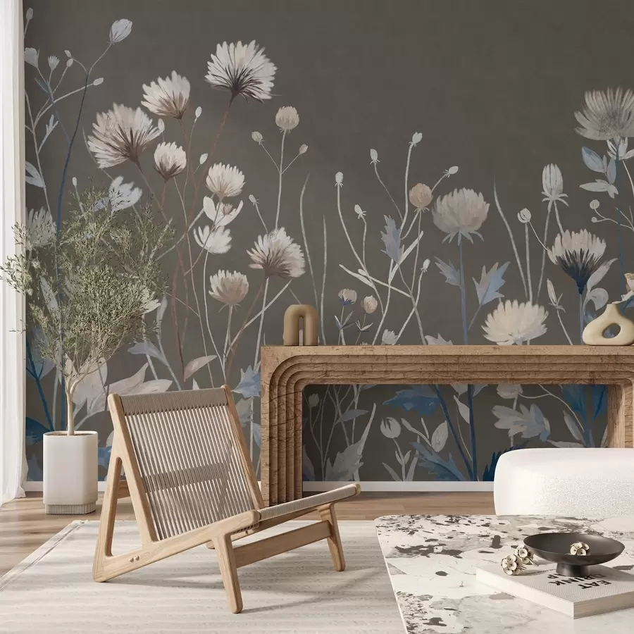 Fototapete Wilde Feldgräser und Blumen, gemalt im malerischen Stil vor einem graubraunen Hintergrund w05563v2