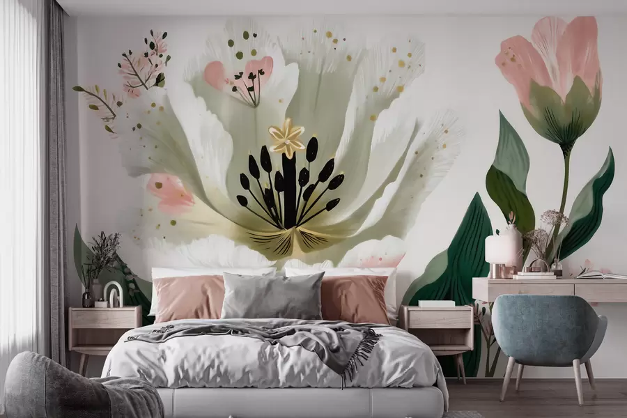 Fototapete Eine Blume mit grünen Blättern und zartrosa Akzenten im Aquarellstil w09836