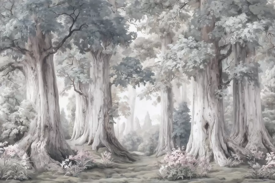 Fototapete Ein märchenhafter Wald mit hohen Bäumen und einer sanften, gedämpften Farbpalette im Aquarellstil w09849