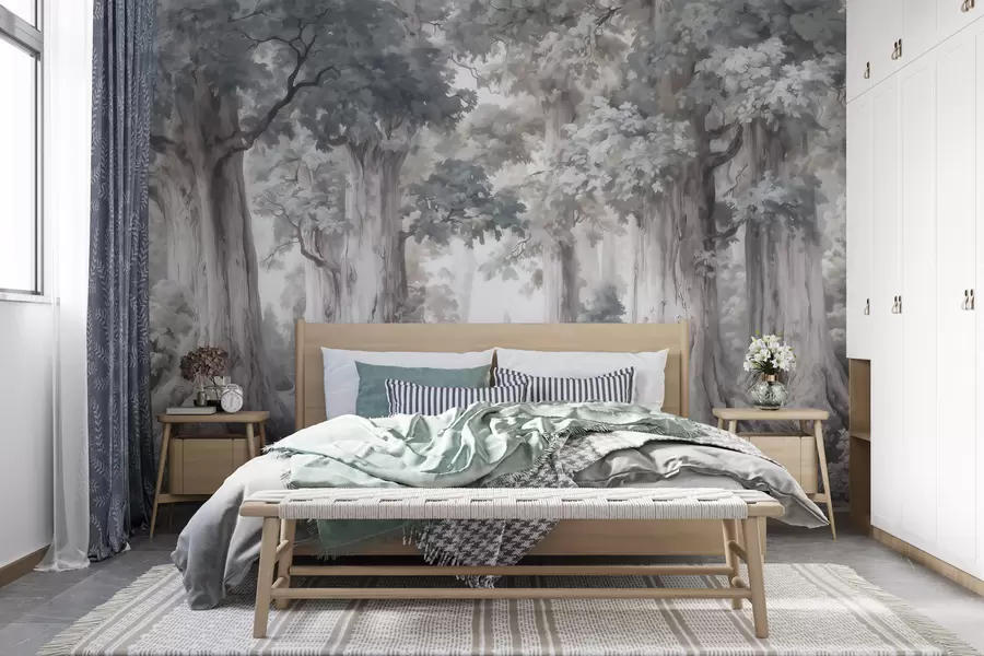 Fototapete Ein märchenhafter Wald mit hohen Bäumen und einer sanften, gedämpften Farbpalette im Aquarellstil w09849