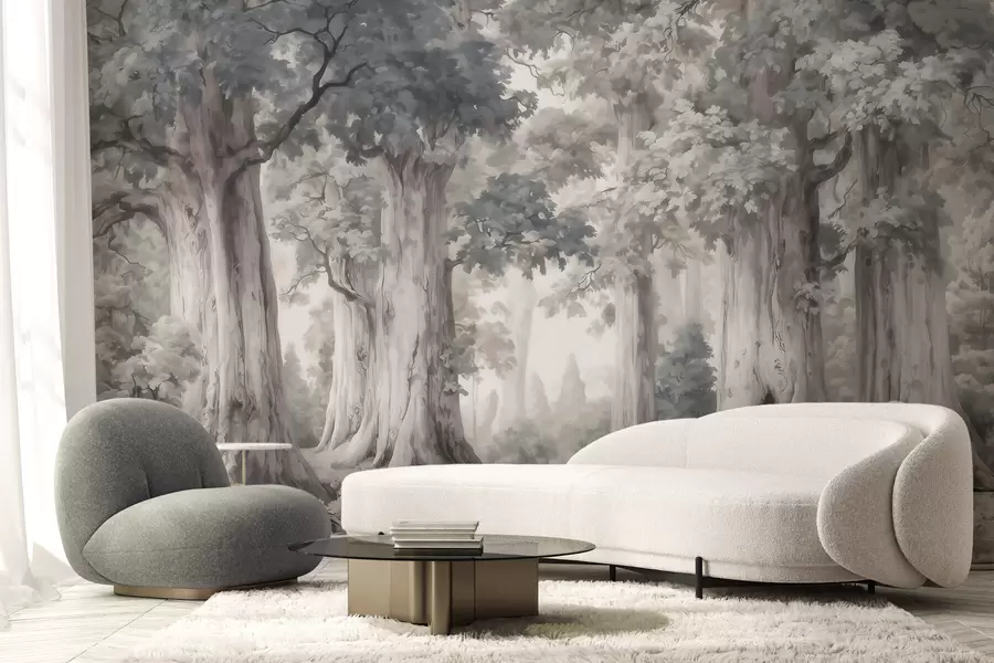 Fototapete Ein märchenhafter Wald mit hohen Bäumen und einer sanften, gedämpften Farbpalette im Aquarellstil w09849