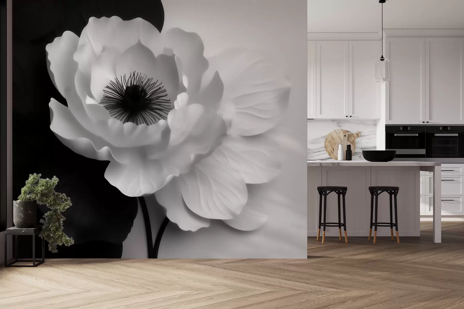Fototapete Eine kontrastreiche weiße Blume mit dunkler Mitte auf schwarz-weißem Hintergrund w09852