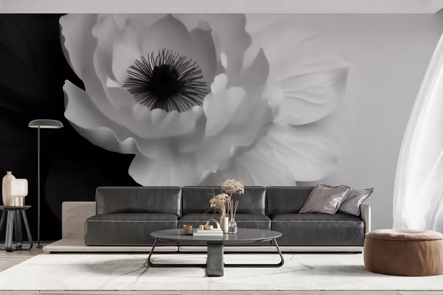 Fototapete Eine kontrastreiche weiße Blume mit dunkler Mitte auf schwarz-weißem Hintergrund w09852
