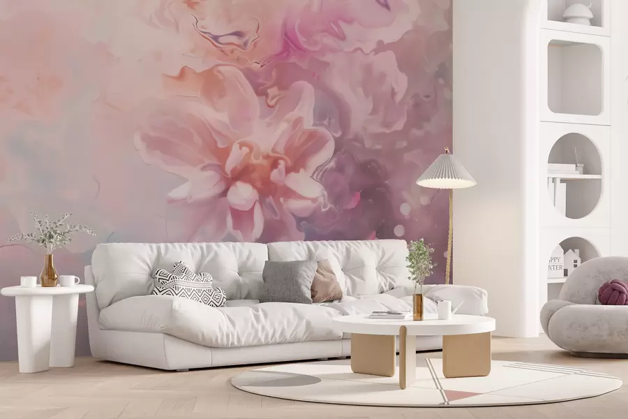 Fototapete Eine abstrakte Komposition mit einer Blume und zartrosa Farbtönen im Aquarellstil w09859