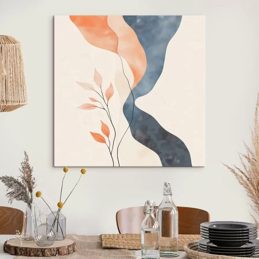 Fototapete Blumenarrangement mit fließenden Linien in Blau- und Orangetönen s48837