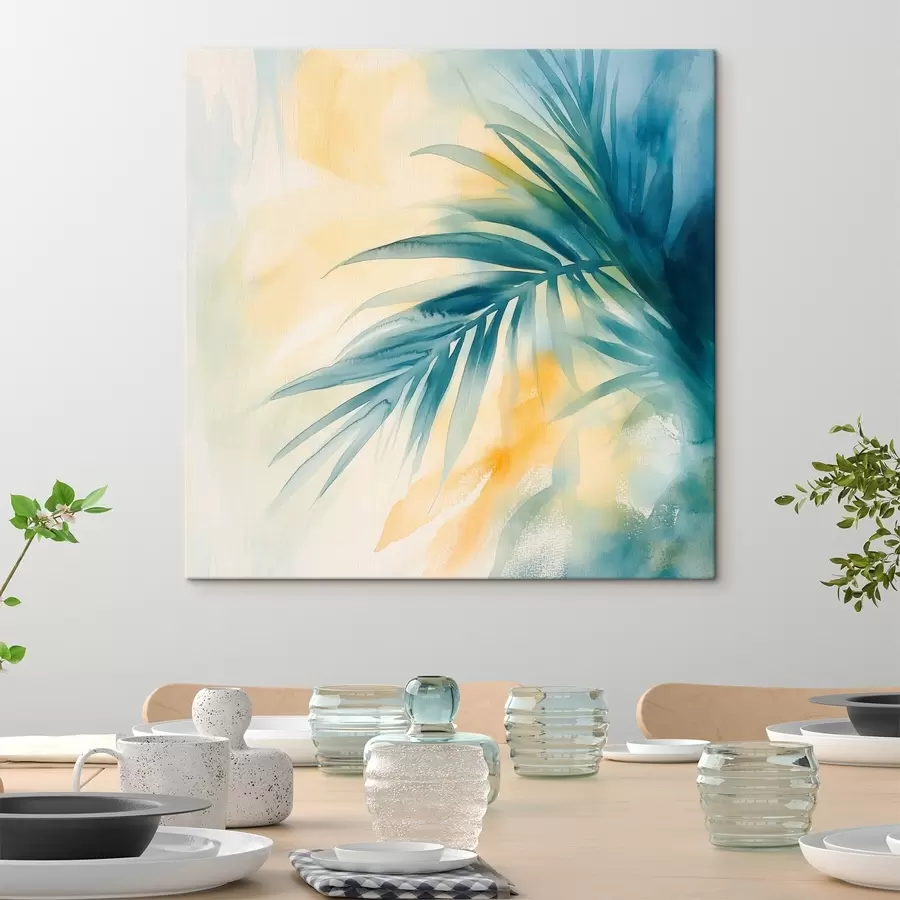 Fototapete Tropische Palmblätter in Blau- und Türkistönen vor einem Hintergrund aus warmen Aquarellflecken s48849