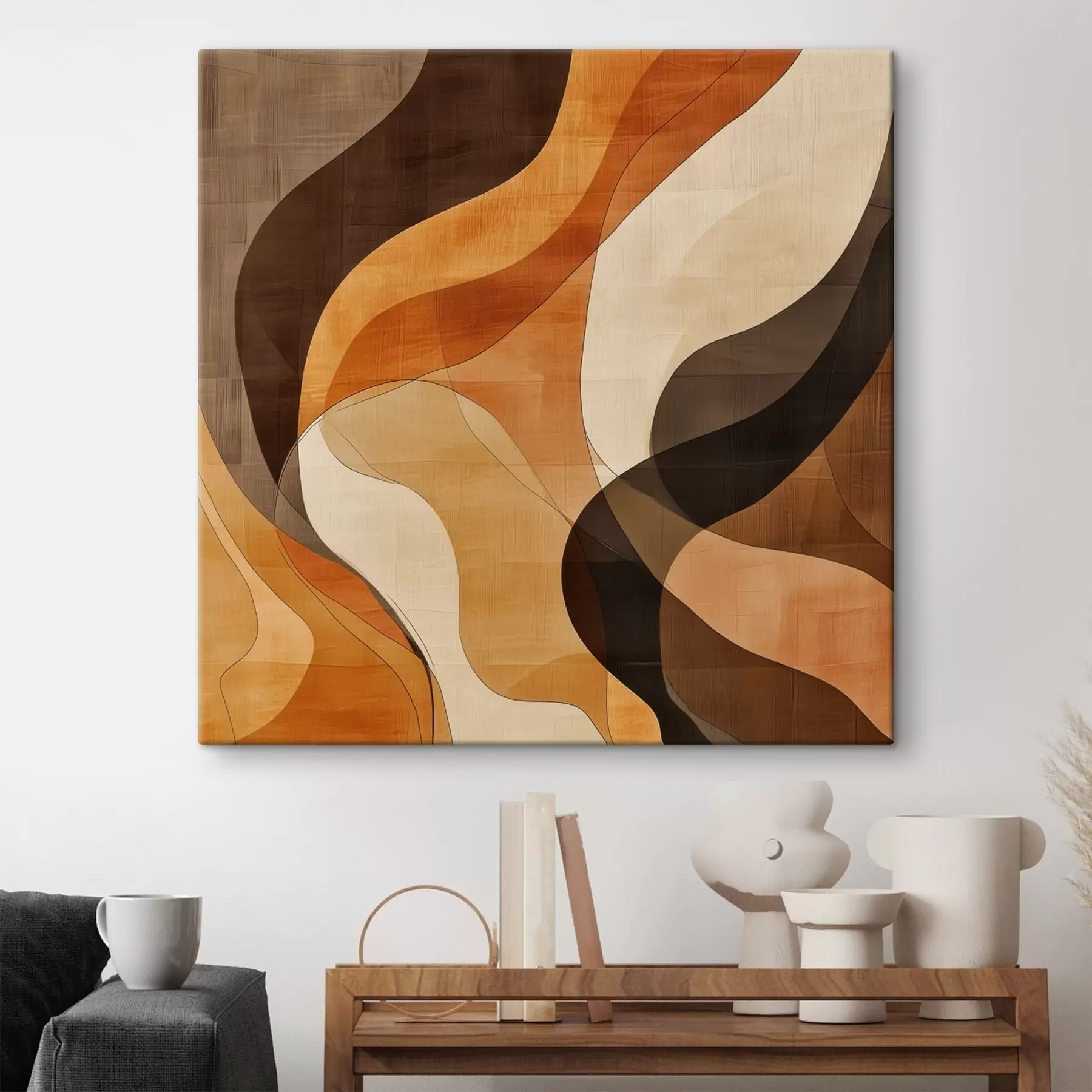 Fototapete Abstrakte Komposition mit dynamischen Wellenlinien in Terrakotta-Brauntönen s48851