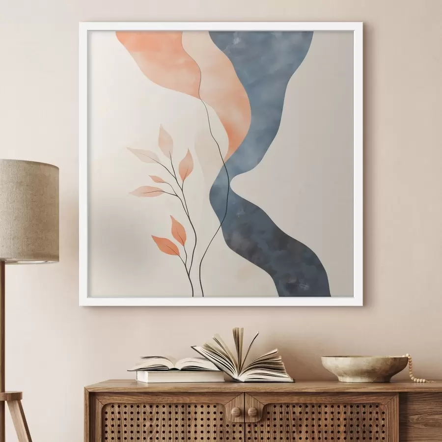 Fototapete Blumenarrangement mit fließenden Linien in Blau- und Orangetönen f48837