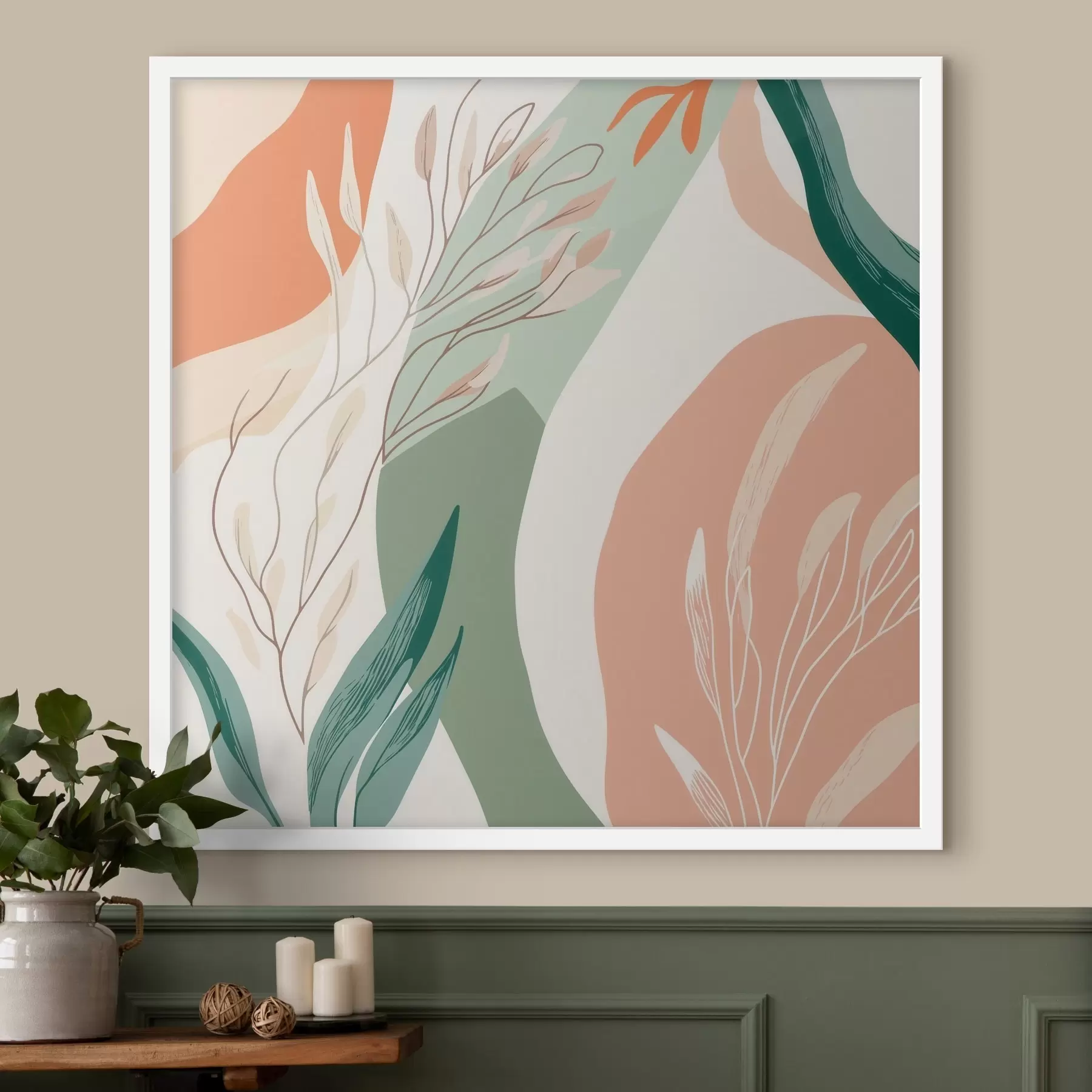 Fototapete Botanische Kunst mit weichen Formen in einer korallengrünen Farbpalette f48840