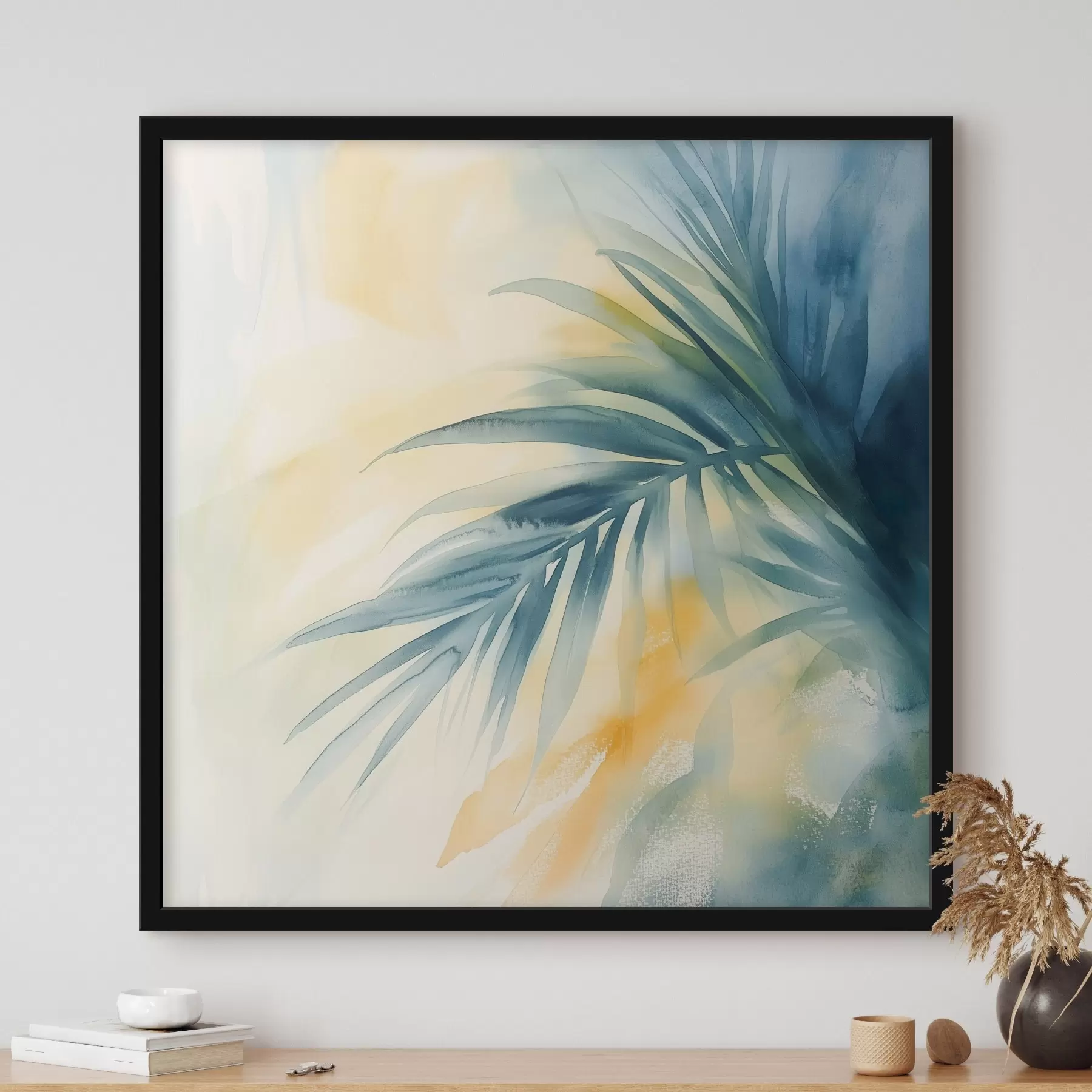 Fototapete Tropische Palmblätter in Blau- und Türkistönen vor einem Hintergrund aus warmen Aquarellflecken f48849