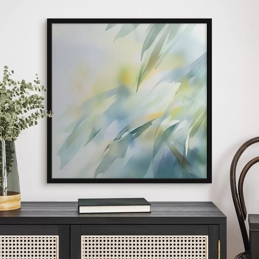 Fototapete Verwischte Naturformen und zarte Türkistöne im Stil eines Kunstplakats f48850