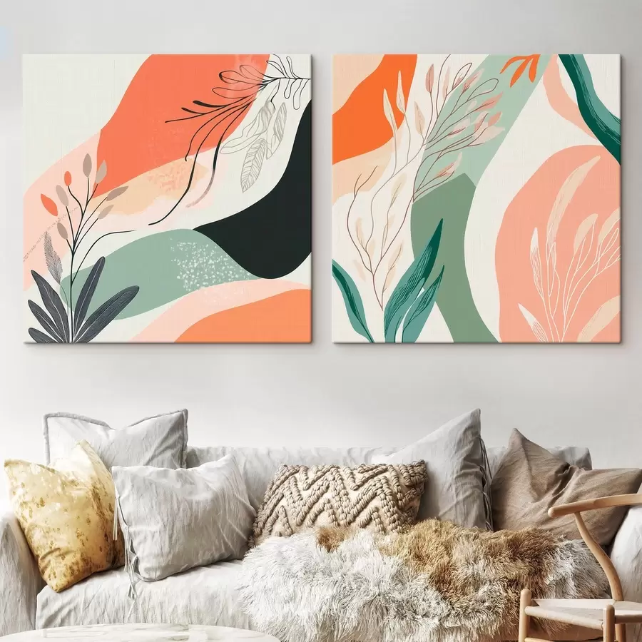 Fototapete Abstraktes Diptychon mit Pflanzenmotiven und Farbflecken im modernen Stil m30347