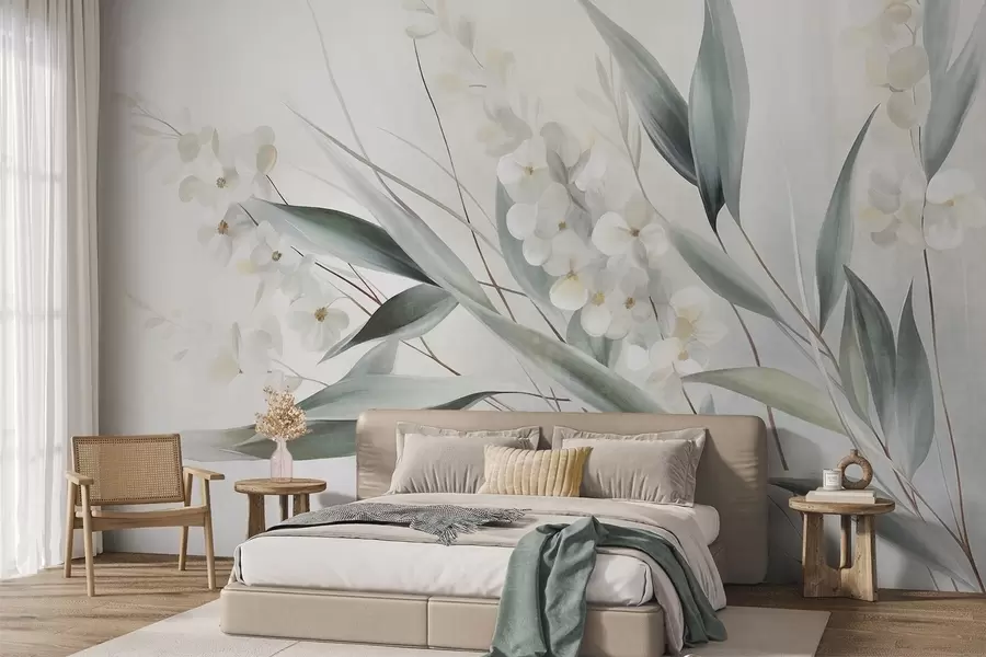 Fototapete Zarte Blumen und lange grüne Blätter in malerischem Stil mit feinen Pinselstrichen, strukturierte Kunst w09827