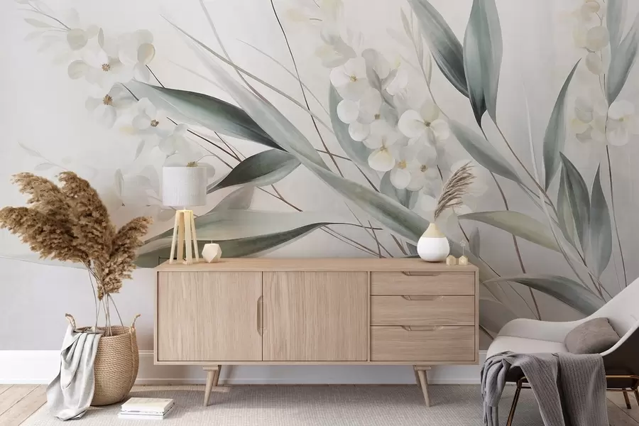 Fototapete Zarte Blumen und lange grüne Blätter in malerischem Stil mit feinen Pinselstrichen, strukturierte Kunst w09827