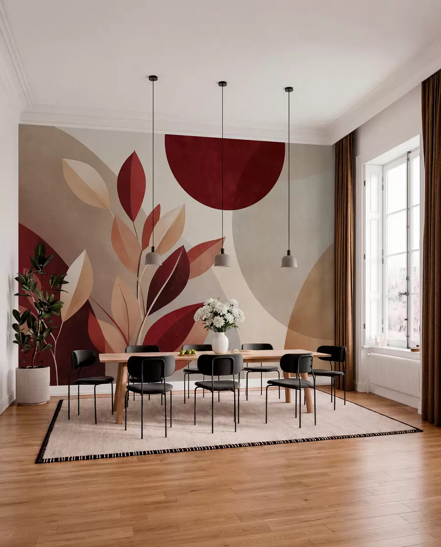 Fototapete Strukturierte Blätter in Bordeauxrot und Beige vor einem Hintergrund aus abstrakten Formen, Minimalismus, moderne Kunst w09829