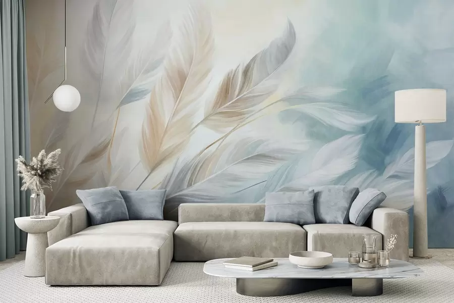 Fototapete Strukturierte Pastellfedern mit weichen, zarten Rändern vor einem Hintergrund im Aquarellstil w09833