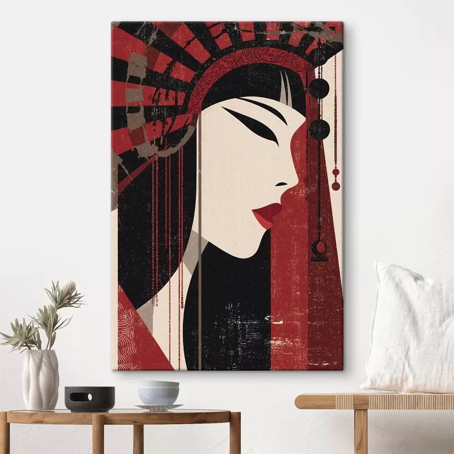 Fototapete stilisiertes Porträt einer Frau, inspiriert von japanischer und Art-déco-Ästhetik s48993