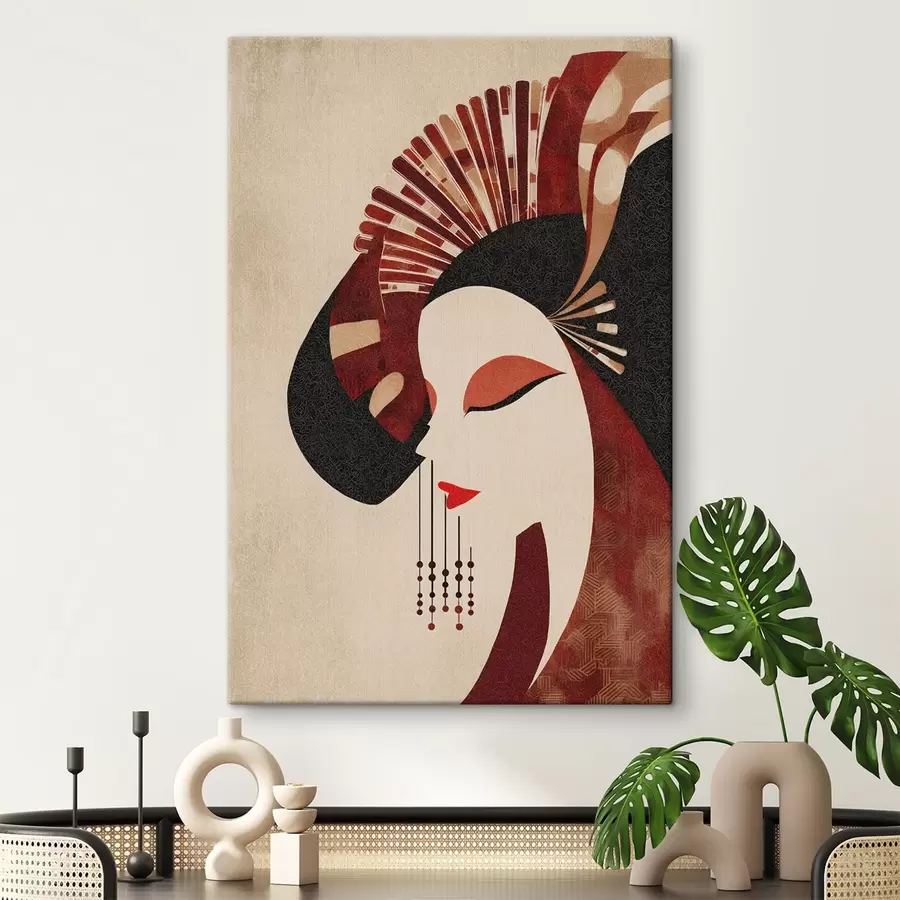 Fototapete stilisiertes Porträt einer Frau, inspiriert von japanischer und Art-déco-Ästhetik s48994