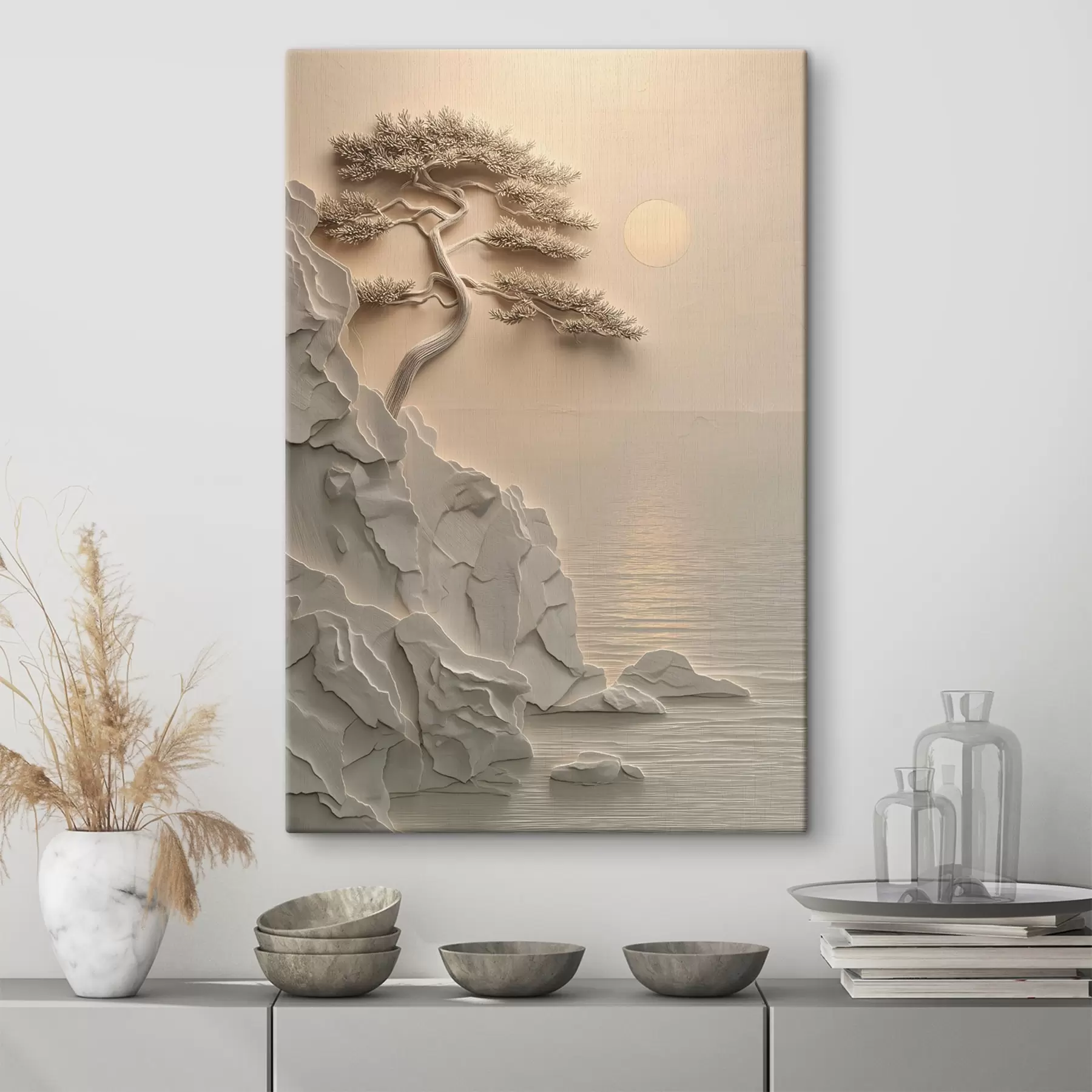 Fototapete ein Baum an einem Hang am Meer, im Flachreliefstil s49001