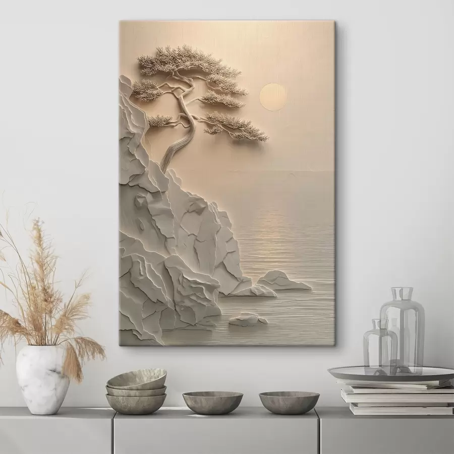 Fototapete ein Baum an einem Hang am Meer, im Flachreliefstil s49001