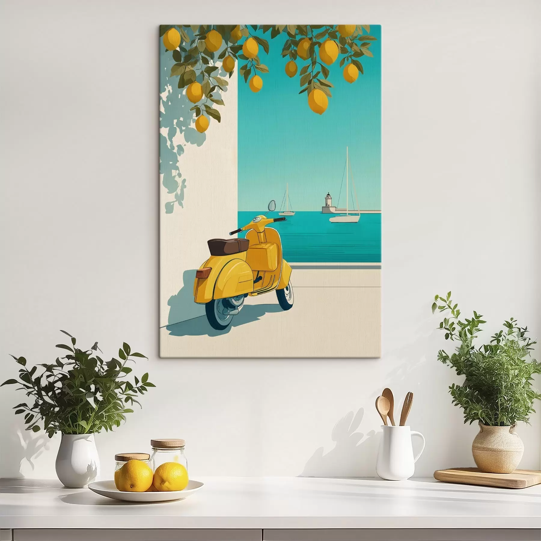 Fototapete ein Moped am Meer unter den Zitronenbäumen s49008
