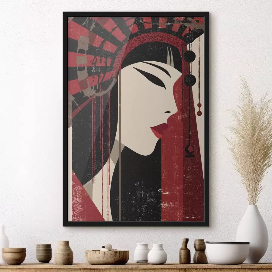 Fototapete stilisiertes Porträt einer Frau, inspiriert von japanischer und Art-déco-Ästhetik f48993