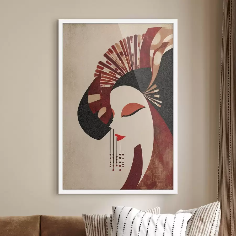 Fototapete stilisiertes Porträt einer Frau, inspiriert von japanischer und Art-déco-Ästhetik f48994