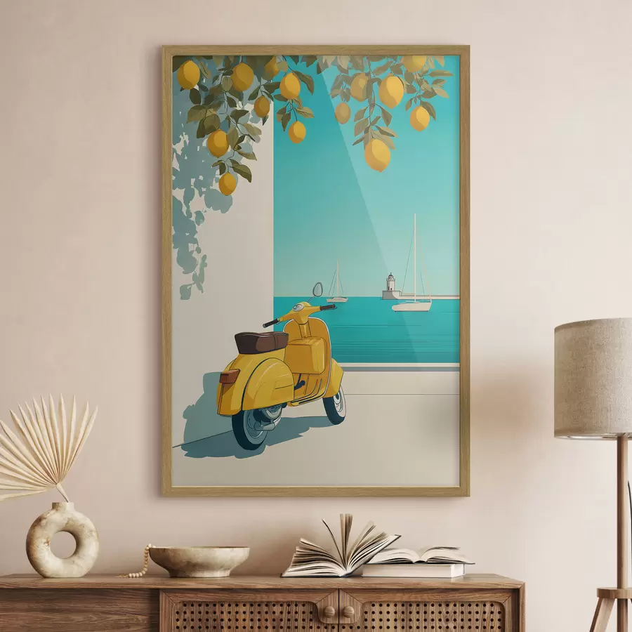 Fototapete ein Moped am Meer unter den Zitronenbäumen f49008
