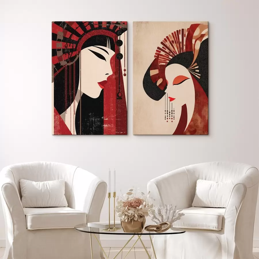 Fototapete stilisiertes Porträt einer Frau, inspiriert von japanischer und Art-déco-Ästhetik m30431