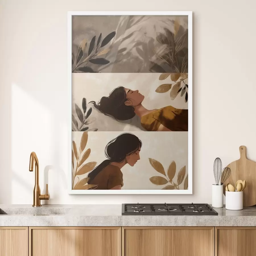 Fototapete Dreiteiliges Gemälde „Frau mit Blättern“ f49018