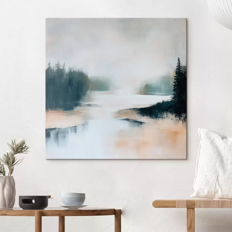 Fototapete Abstrakte Waldlandschaft in Rosa- und Blautönen in einem zeitgenössischen Malstil s48862