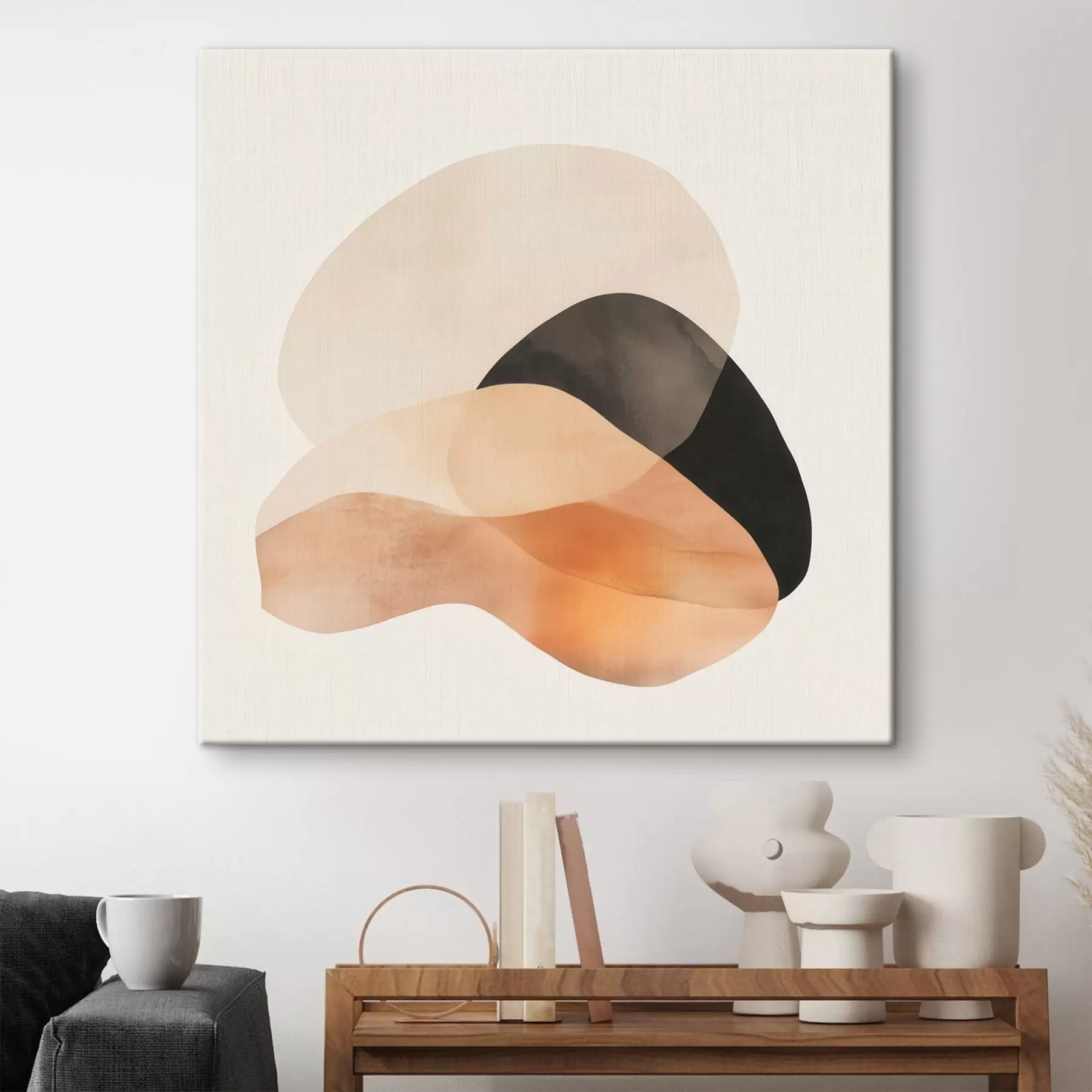 Fototapete Abstrakte Formen in einer Beige-Pfirsich-Farbpalette mit dunklen Akzenten im minimalistischen Stil s48863