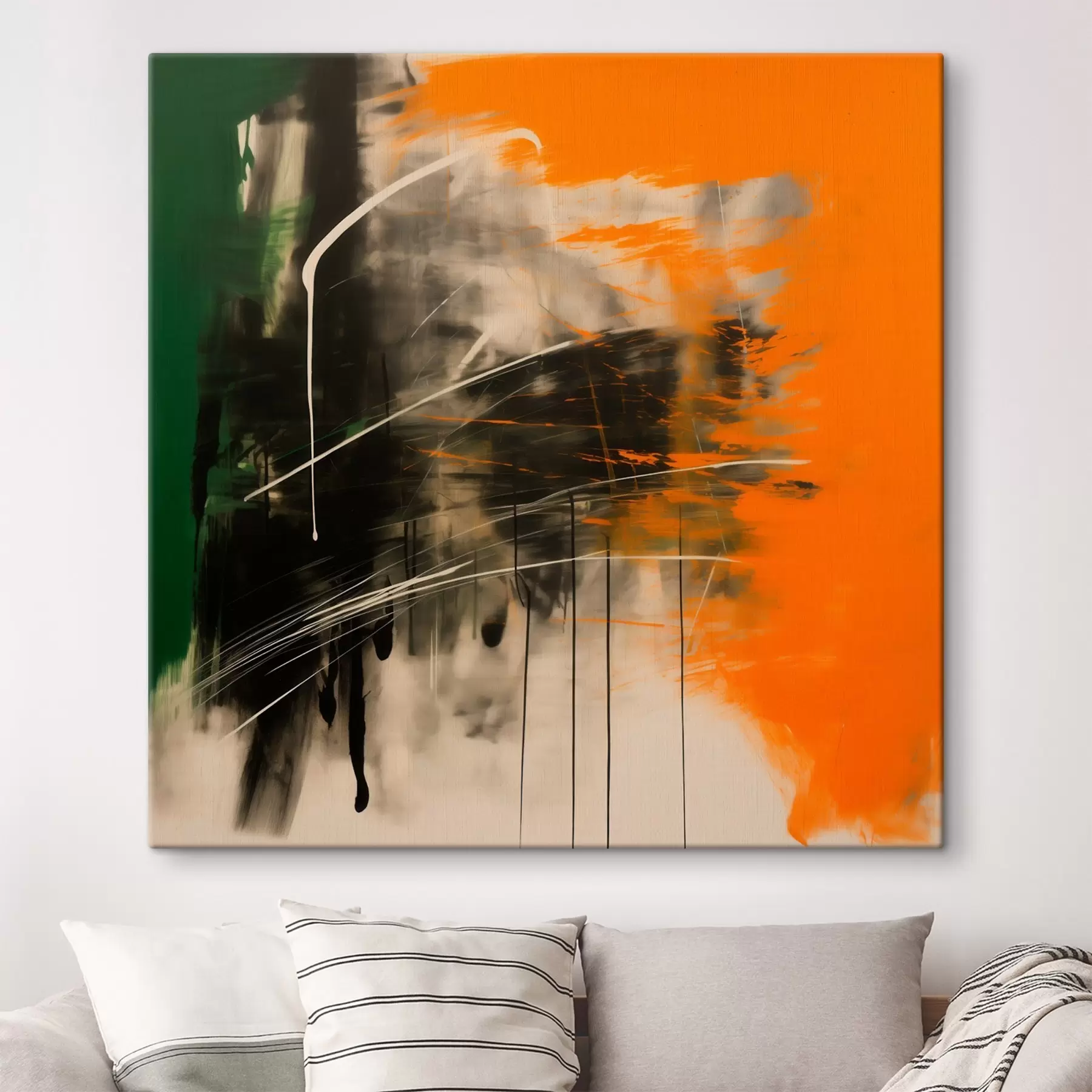 Fototapete Abstraktion mit orangefarbenen und grünen Pinselstrichen in einem zeitgenössischen Malstil s48866