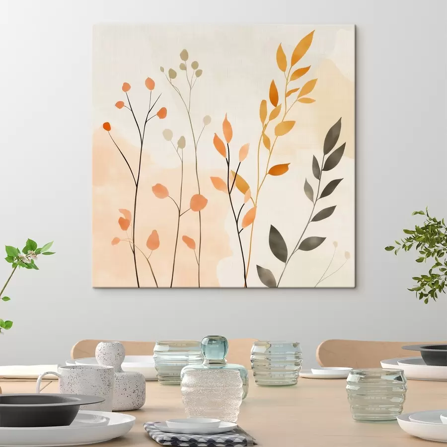 Fototapete Pastellkomposition mit zartem Blattwerk in einem zeitgenössischen Malstil s48873