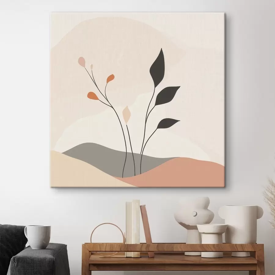 Fototapete Lakonische Szene mit Pflanzenmotiven und organischen Formen im Stil der zeitgenössischen Kunst s48874