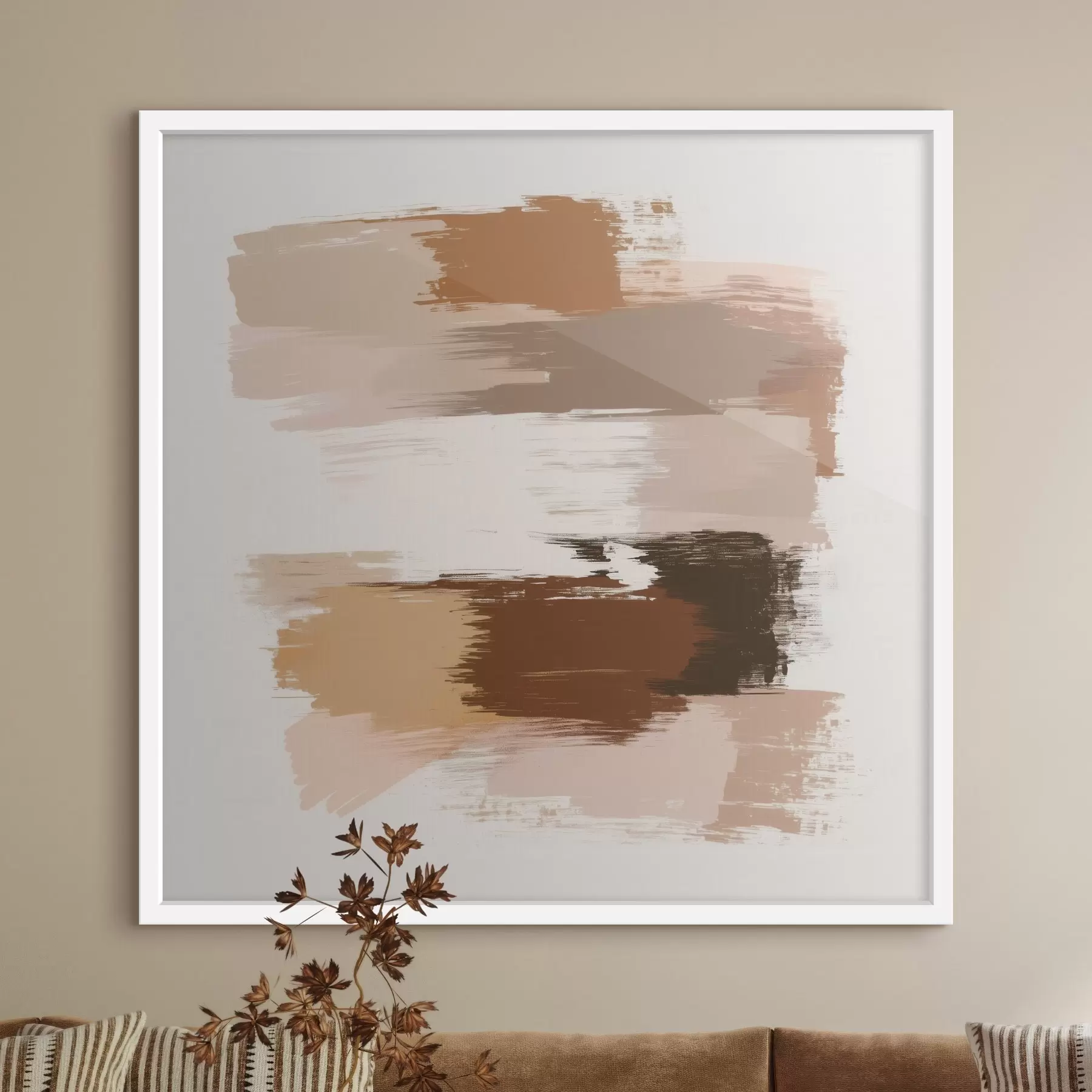 Fototapete Minimalistische Szene mit horizontalen Pinselstrichen in Kaffee- und Terrakottatönen f48858
