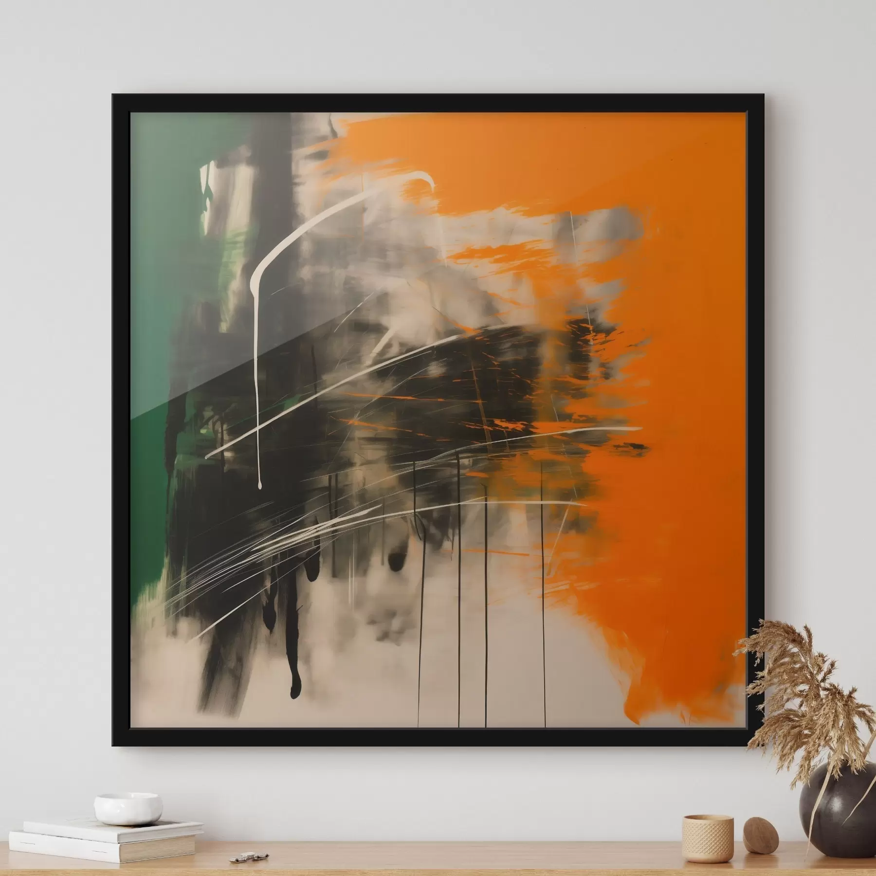 Fototapete Abstraktion mit orangefarbenen und grünen Pinselstrichen in einem zeitgenössischen Malstil f48866