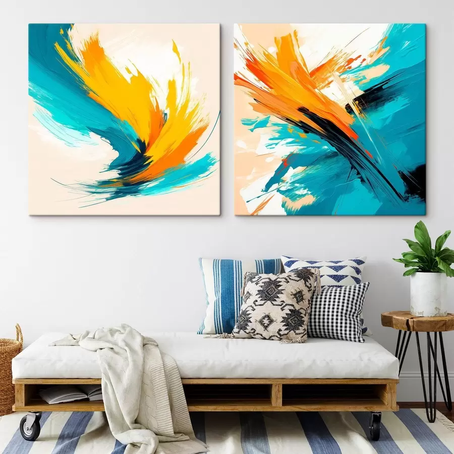 Fototapete Dynamische Pinselstriche in einer türkis-orangefarbenen Farbpalette im Stil der zeitgenössischen Kunst m30354